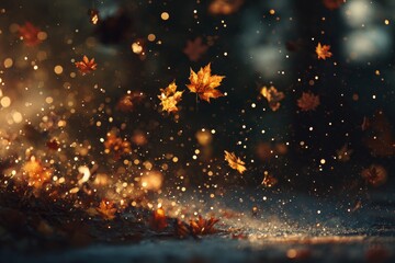 Naklejka premium A kaleidoscope of autumn: exploring the forest's rich palette. Upscale style. Subdued autumn leaves showering a softly lit forest landscape. Designer fashion. Opulent look.