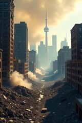 Devastated Toronto Skyline Crumbling Buildings Amidst Dust and Debris, a Powerful Image of Urban Destruction