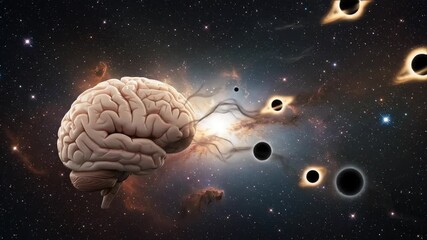 Human brain and abstract imagery against a cosmic background