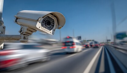 A security camera watches over highway traffic, blurred vehicles in motion