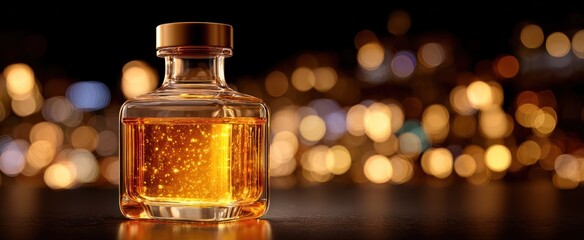 A small, clear bottle filled with amber liquid, against a blurry backdrop of warm bokeh lights