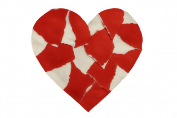 Broken heart made from torn red and white paper pieces, understanding grief concept, transparent background