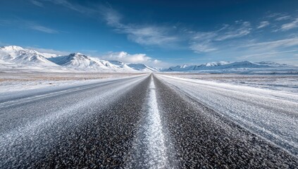 A snowy road stretches into the distance, flanked by snow-covered fields and mountains under a blue sky