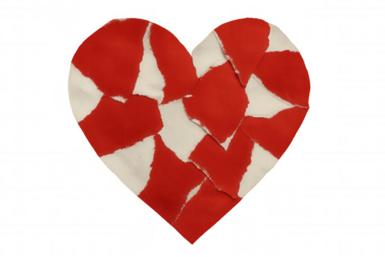 Broken heart made from torn red and white paper pieces, understanding grief concept, transparent background