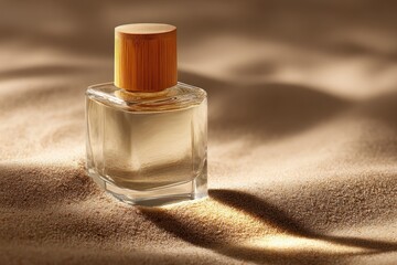 A square glass bottle with wooden cap rests in textured sand, soft shadows fall around it