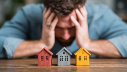 A stressed person with head in hands stares at three toy houses on a wooden table