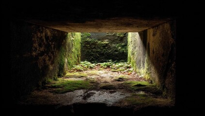 A stone window frame reveals a sunlit, mossy garden interior, contrasting dark and light