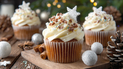 Three beautifully decorated holiday cupcakes with cream cheese frosting and snowflake toppers. Surrounded by pinecones, cinnamon sticks, and silver ornaments on rustic wood.