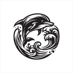 Stylized Dolphin Leaping Through Waves in Circular Black and White Design.