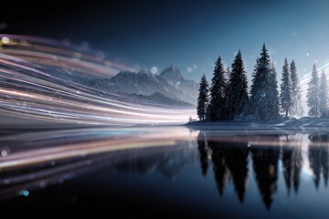 Nature's mirror: the frozen lake reflecting a winter's dawn. Digital networking. Majestic fir trees in the warm glow of dawn with a patterned frozen lake. Digital communication.