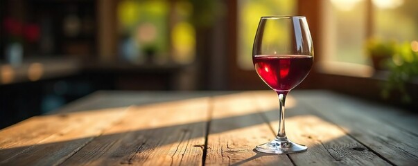 Sunlit Pinot Noir A Glass of Ruby Red Wine on Rustic Wood, Perfect for Wine Blogs and Restaurant Menus