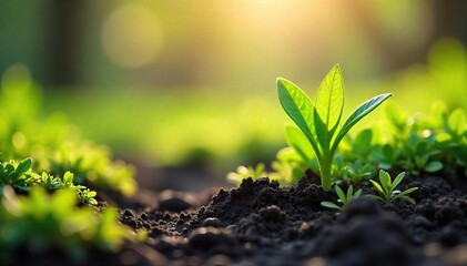 Springs Awakening Vibrant Green Shoots Emerge from Thawed Earth in Warm Sunlight, signifying the arrival of a gentle, blooming season.
