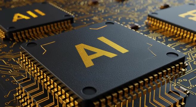 Futuristic AI chip on circuit board layout.