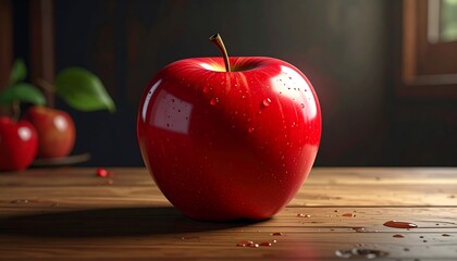 Red apple on a wooden table with water droplets