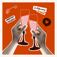 Greeting card with halftone hands holding champagne glasses in a modern collage style. Y2K-inspired Valentine’s Day poster design with text stickers, torn paper elements, Cupid’s arrow