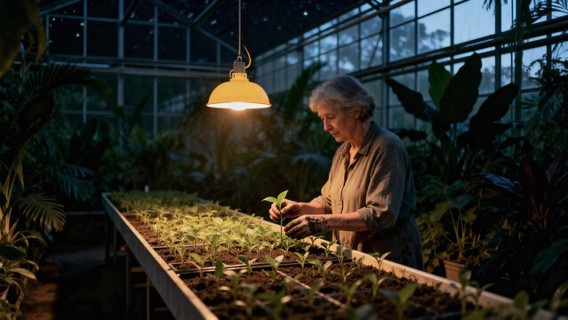 A senior woman carefully tends to young seedlings in a greenhouse at night, working peacefully under the warm glow of a single hanging lamp.