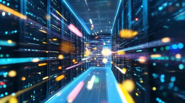 Server room interior with data stream and futuristic lighting.
