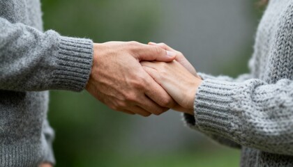 Close up of couple holding hands in cozy sweaters symbolizing love, support, trust, and emotional connection.