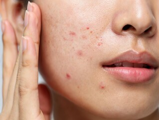 Close up of woman face with acne, pimples, and skin blemishes on cheek.