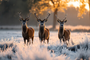 Three adult deer in a winter forest