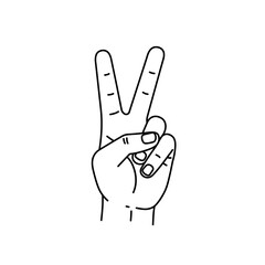 Hand gesture showing peace symbol two fingers up victory sign gesture celebration joy success communication hand drawn style isolated on white background