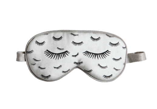 A patterned, white sleep mask featuring a design of closed eyelashes, with gray straps and trim