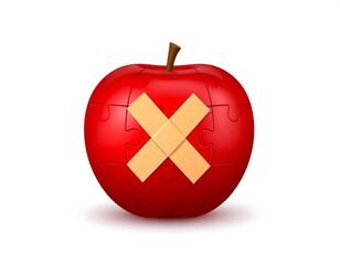 Red apple with a puzzle piece design and a band-aid