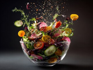 A vibrant salad with tomatoes, cucumbers, and greens levitating in a clear bowl against black