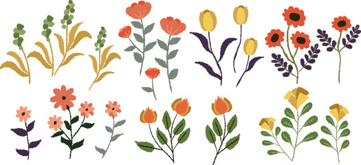 Red and yellow flowers, autumn Flowers abstract hand drawn brush. Vector simple flower, leaf ink stroke. Vector illustration