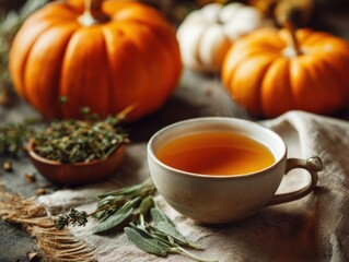 A warm cup of tea next to herbs and gourds, hinting at autumn and cozy moments