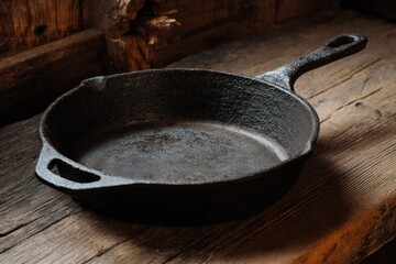 A well-used, seasoned, cast-iron skillet rests on aged, wooden surface