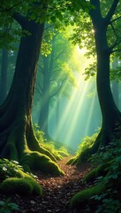 Dappled Sunlight Filters Through Ancient Forest, Creating a Magical Atmosphere Perfect for Fantasy or Nature Projects