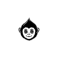 A minimalist, black and white, cartoon monkey face with a prominent hair spike and a big smile
