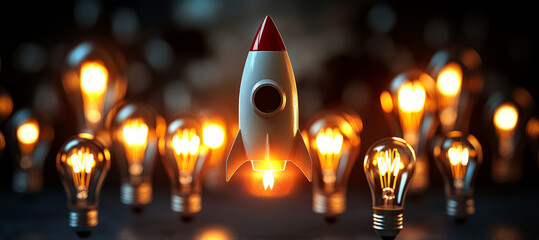 3d rocket flying among light bulbs, a new idea of a business concept of creativity and innovation 