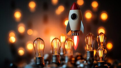 3d rocket flying among light bulbs, a new idea of a business concept of creativity and innovation 
