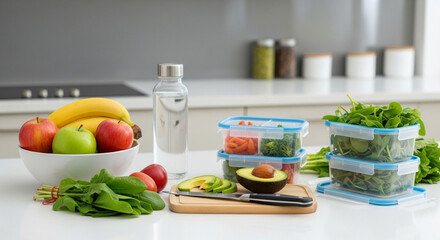 Healthy eating at home concept with fresh fruits, vegetables, and water bottle on the kitchen counter for a balanced diet and lifestyle