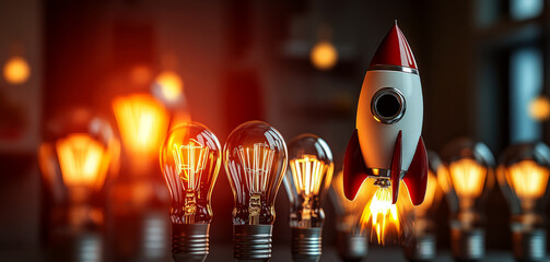 3d rocket flying among light bulbs, a new idea of a business concept of creativity and innovation 