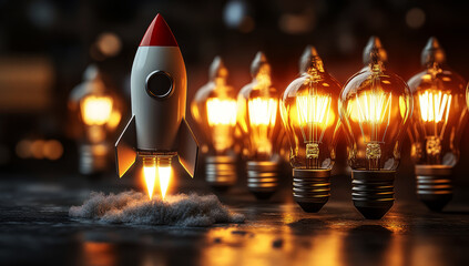 3d rocket flying among light bulbs, a new idea of a business concept of creativity and innovation 