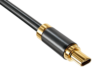 Sleek close-up of a black cable with gold accents and a USB-C connector against a black background