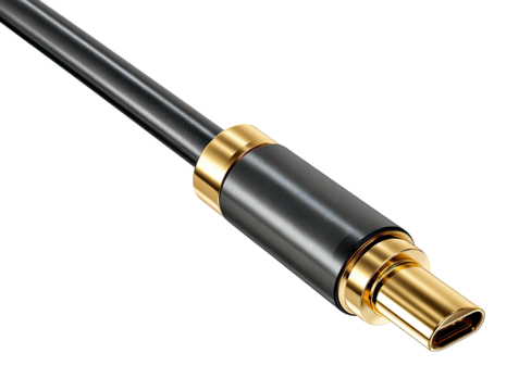 Sleek close-up of a black cable with gold accents and a USB-C connector against a black background