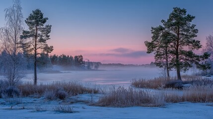 Kuntivaara Fell in Kuusamo, Finland, boasts a serene frozen forest and scenic arctic wilderness with snow-covered winter landscape at sunset, featuring frosty tykky trees and a tranquil golden