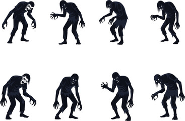 Creepy Zombie Creature Vector Collection with Scary Faces, Dark Silhouettes, Horror Night Theme, and Undead Halloween Monster Design