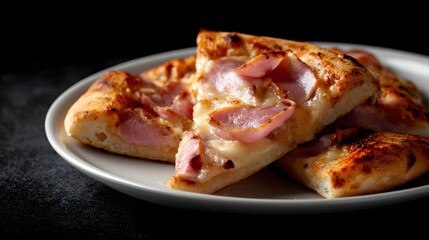 Appetizing  of delicious pizza slices arranged on a white plate, showcasing the golden-brown crust, melted cheese, and flavorful ham, creating a mouthwatering culinary visual.