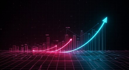 High-tech neon stock growth visualization, abstract futuristic chart glowing with energy, dark dimensional grid background, luminous gradient lights, 4K high-resolution, modern finance illustration