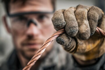 A worker holds a copper cable, close-up, emphasizing the focus on the subject's gloved hand