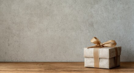 A wrapped gift box with gold ribbon on a wooden surface, against a textured grey backdrop