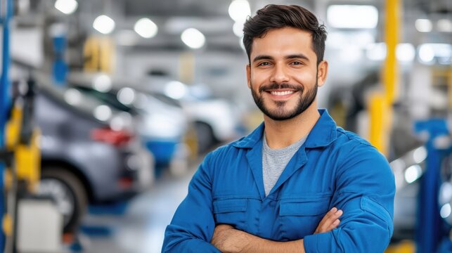 Confident Mechanic in Workshop: A skilled mechanic exudes confidence and expertise, posing with a warm smile in a bustling automotive workshop.