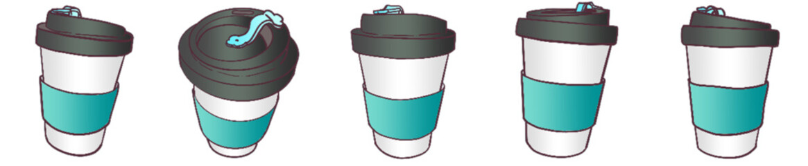 Takeaway Coffee Cup with Lid and Sleeve &ndash; Cute Hand Drawn Reusable Cup Clipart for Cafe, Beverage and Morning Drink Theme
