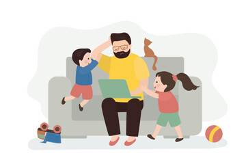 Stay home and working online. Tired father with kids has distant job. Unhappy freelancer with laptop sitting on sofa. Stressful situation for man with noisy children and work.