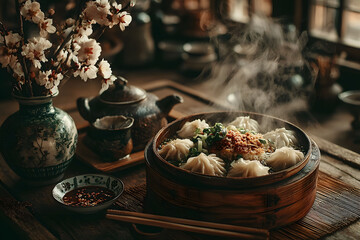 Fototapeta premium Steaming Dim Sum with Tea in Traditional Asian Setting for Cultural Cuisine and Dining Experience